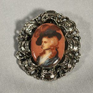 Vintage Brooch 17th Century Male Plume Hat in Silver Tone Ribbon Metal Setting